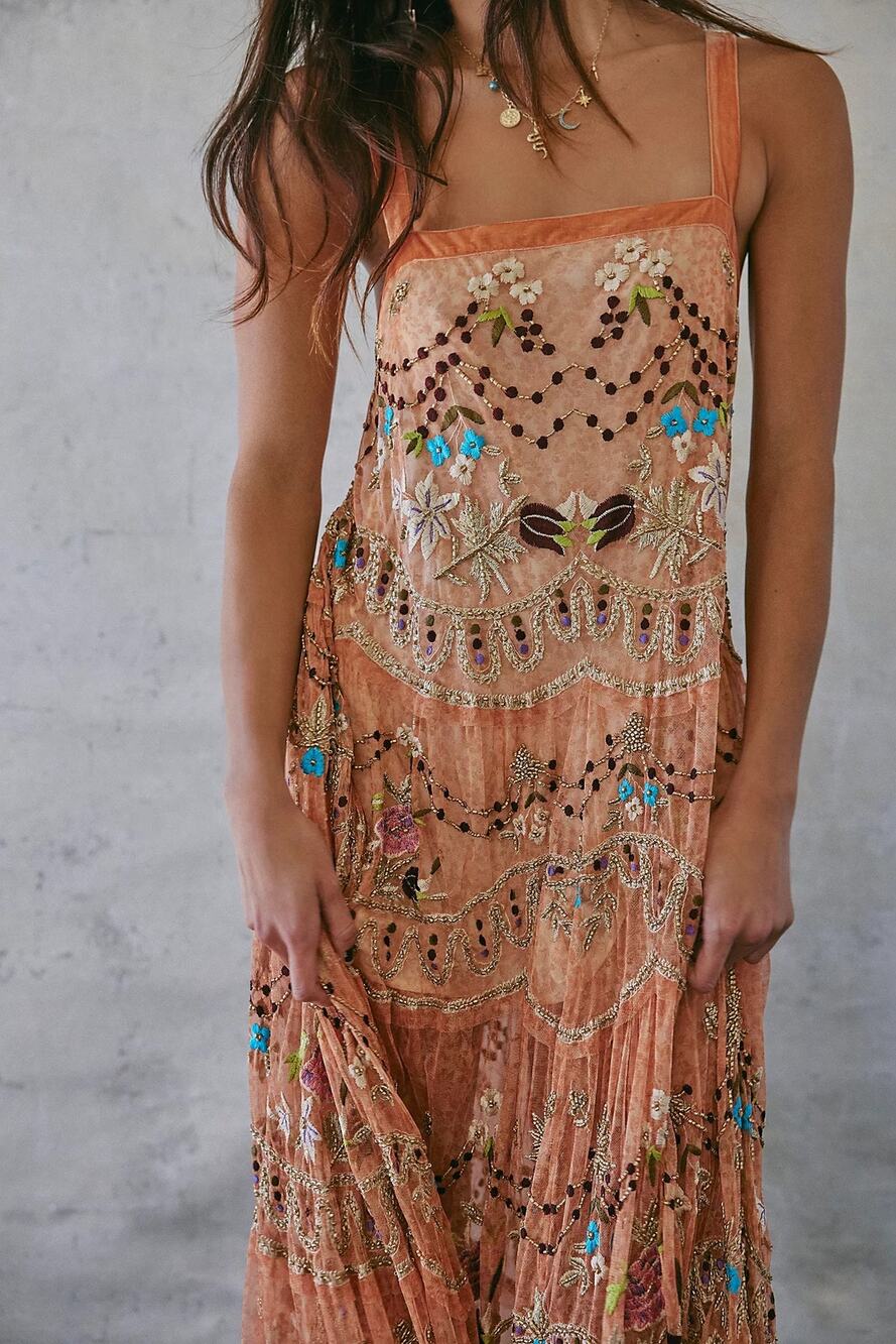 Free People Goldie Autumn Combo Sheer Mesh Embroidered Maxi Dress Sz XS NWT